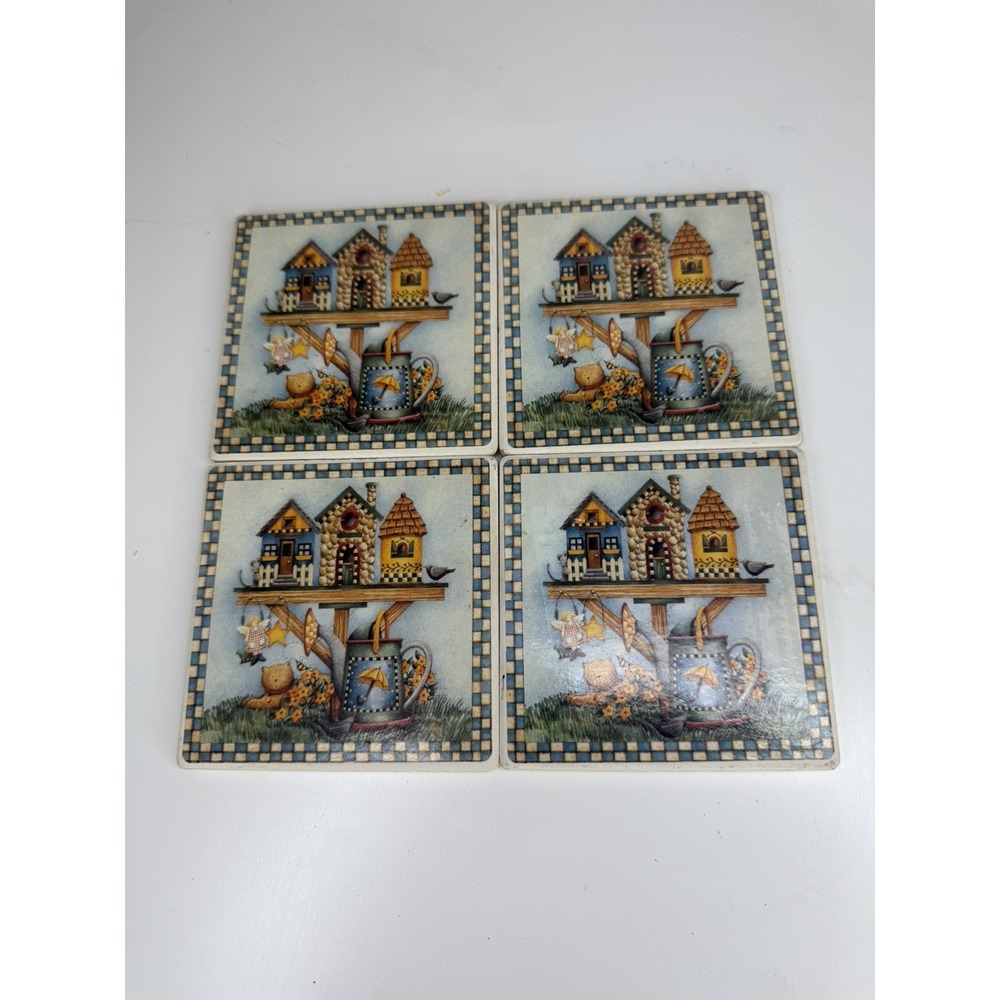 Set of 4 Stone Tile Bird Birdhouse Watering Can Coasters Cork Bottom 3.75"